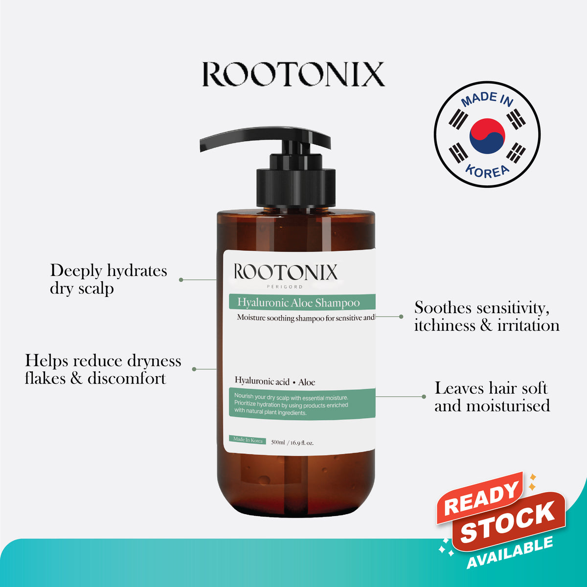 ROOTONIX Moisturizing Hyaluronic Aloe Shampoo for Dry Scalp – 500ml Mayson Essentials Pte Ltd
